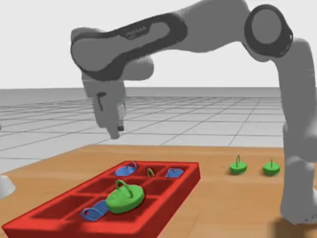 Two simulated Franka Panda arms placing pieces on a tic-tac-toe board