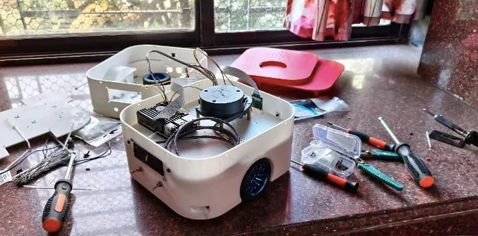 MechaBot chassis with LiDAR and Raspberry Pi during assembly
