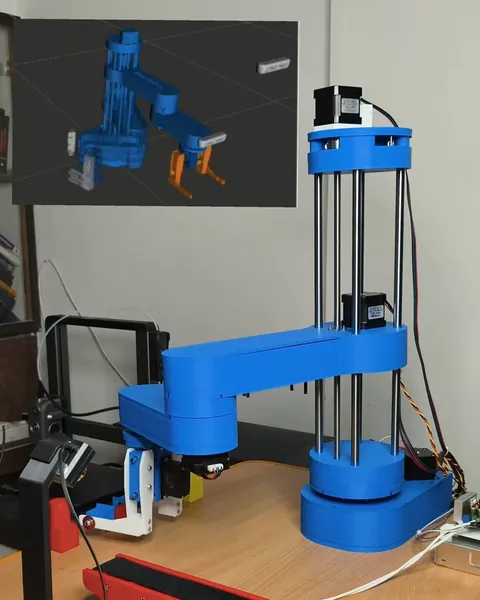 SCARA arm with its digital twin shown in an inset